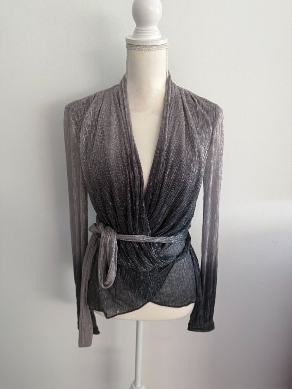 PAT BO Silver Metallic Wrap Top Size Medium